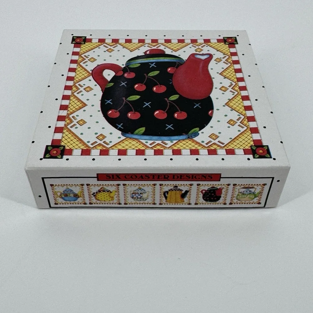 Mary Engelbreit Teapot Coasters Set of 6 Cork Backed Original Box Cottage Core
